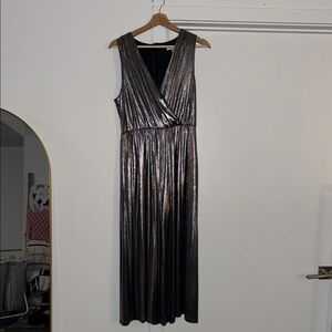 Francesca's Collections Metallic Sleeveless V-Neck Jumpsuit - Shimmering Black